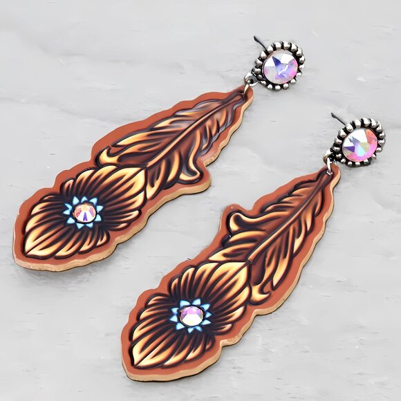 Gorgeous Southwestern Cowgirl Feather Leather Rhinestone Bling Boho Earrings NEW - Picture 2 of 3